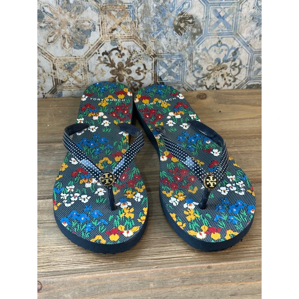 Tory Burch Flip Flops Floral Polka Dot Women Size 8 Blue Louge Classy